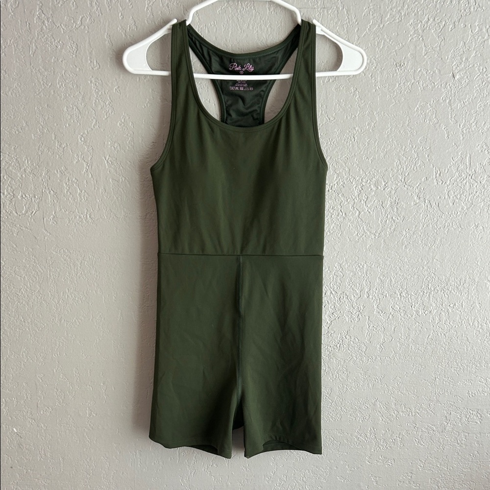 Large Pink Lily Olive Green Athletic Romper with built in Bra